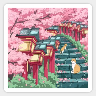 The Japanese shrine, cats, and pink sakura blossom Sticker